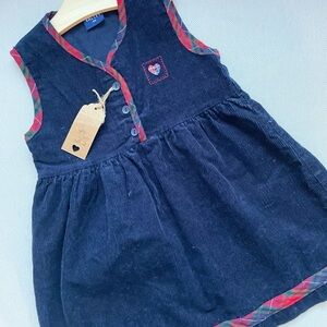 Vintage Navy Corduroy Dress with Red Plaid Trim
